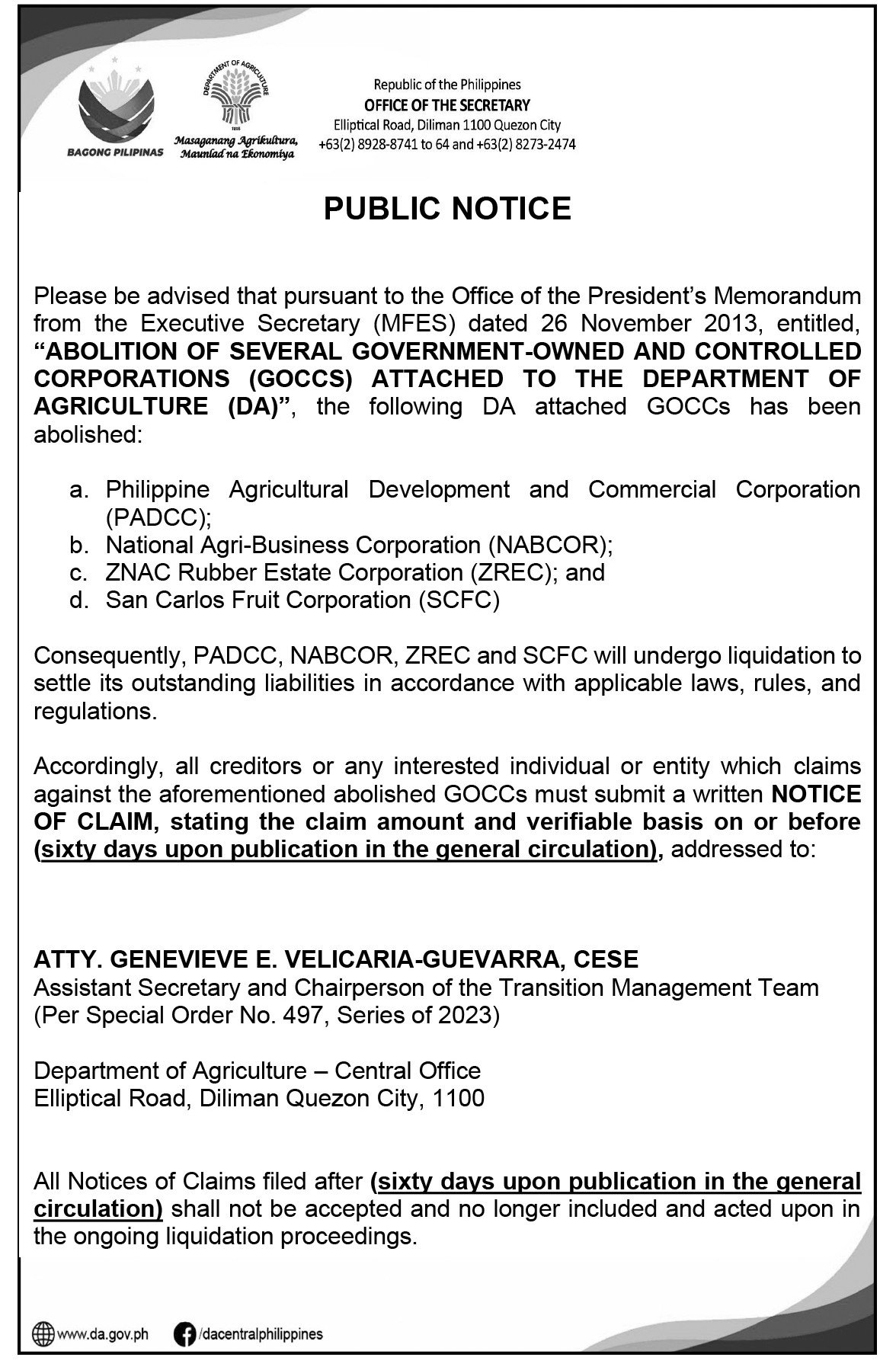 Abolition of Several Government-Owned and Controlled Corporation (GOCCS) Attached to the Department of Agriculture (DA)